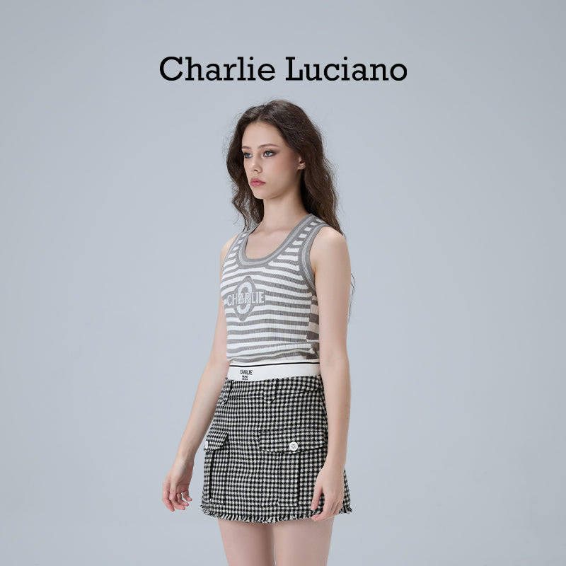 Charlie Luciano striped jacquard knitted sleeveless vest, summer new trendy brand top for women