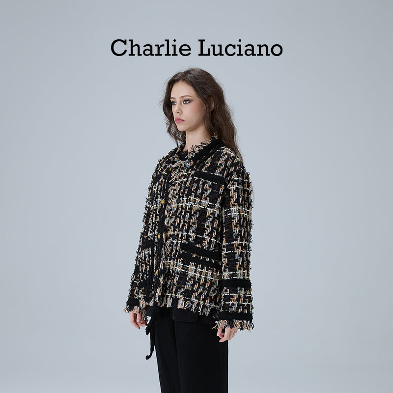 Charlie Luciano jacket retro fringe plaid couple jacket short top trendy