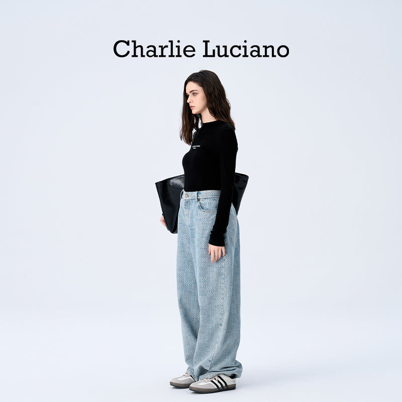 Charlie Luciano checkerboard wide leg pants trendy brand loose slimming casual versatile couple denim pants