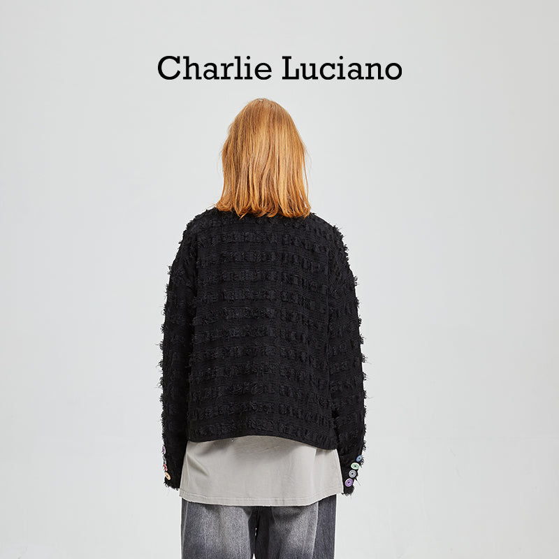 Charlie Luciano Color Buckle Coarse Flower Collarless Jacket with Small Fragrant Style CL Coat for Women