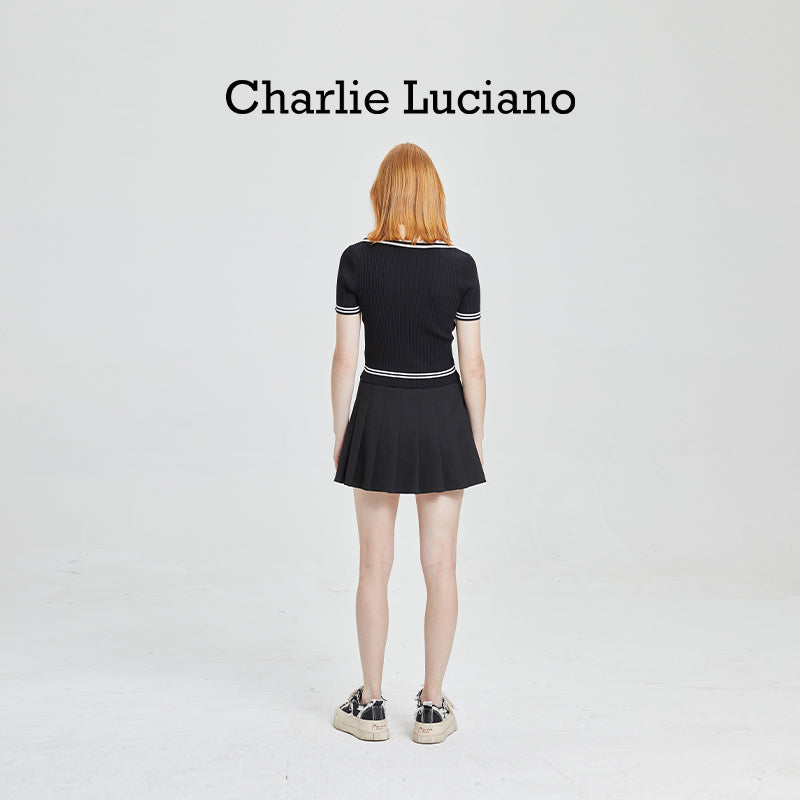 Charlie Luciano college style high waisted pleated skirt for women in spring and summer 2025, A-line slimming ribbon short skirt